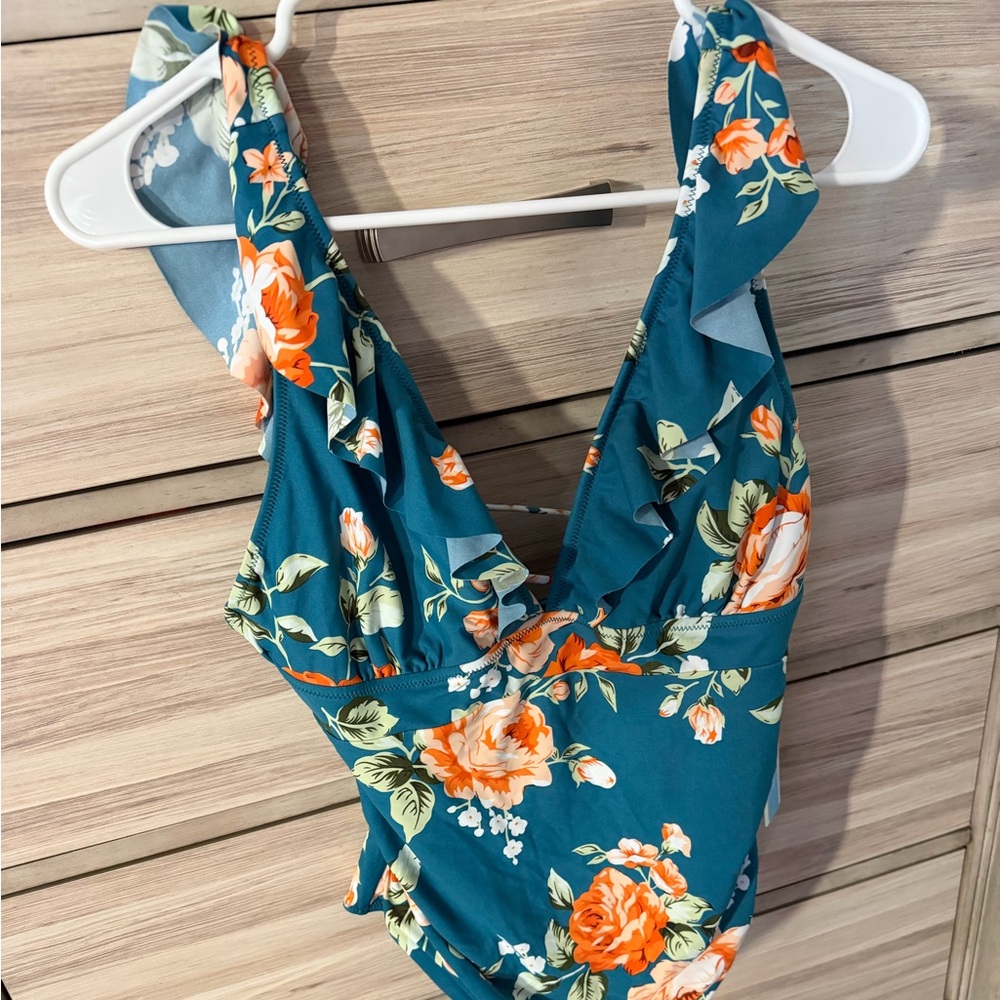 Cupshe Teal Floral One-Piece with Ruffle V-Neck